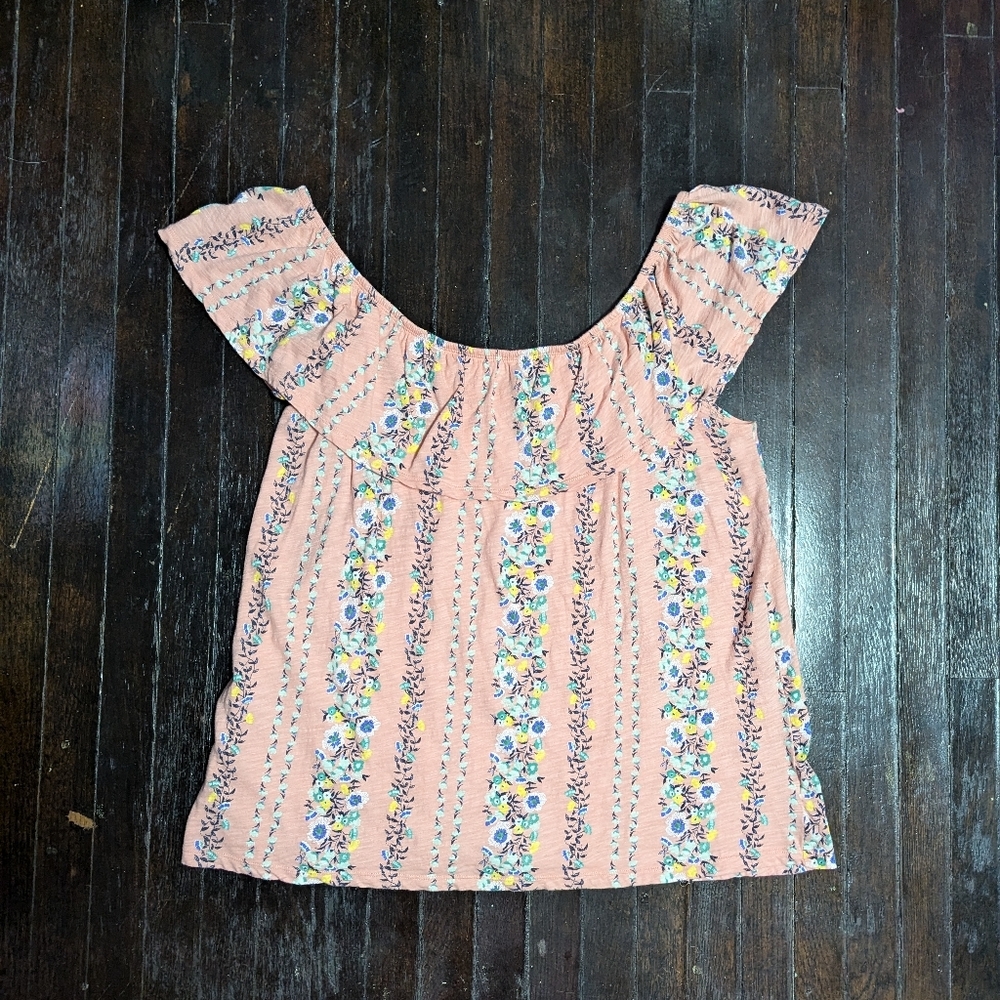 Old Navy Pink Off Shoulder Floral Short Sleeve Blouse
